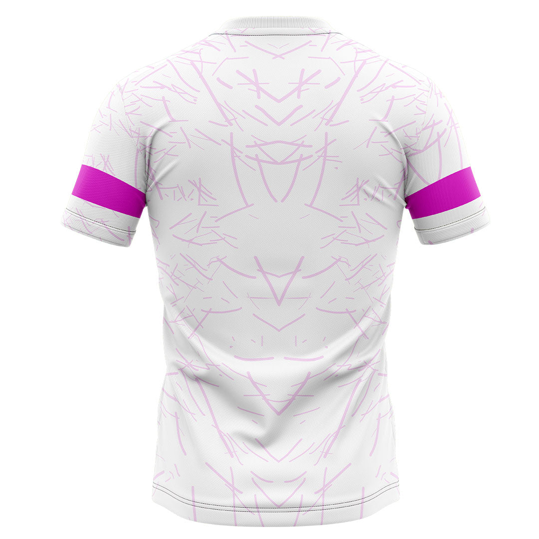 camiseta deportiva unisex blanca con franja central horizontal rosa y palabra HACHE en blanco sobre la franja