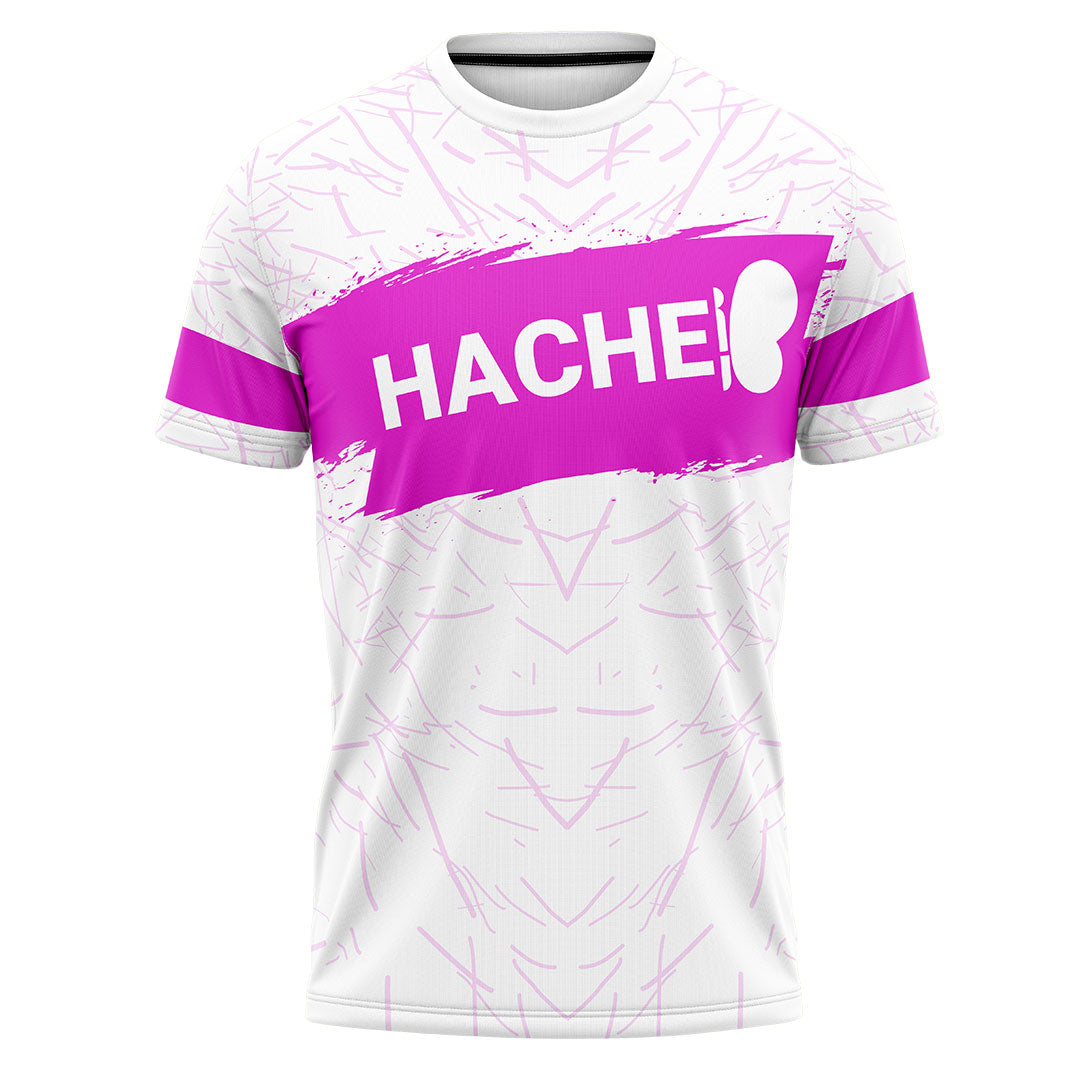 camiseta deportiva unisex blanca con franja central horizontal rosa y palabra HACHE en blanco sobre la franja